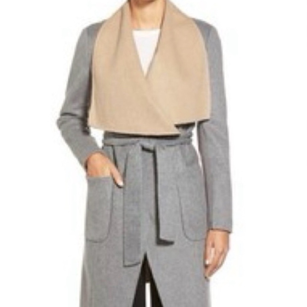 BCBGMaxAzria Two-Tone Wrap Coat in Beige and Gray